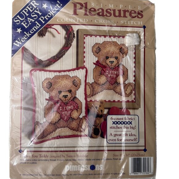 Demensions Simple Pleasures Counted Cross Stitch Kit I Love You Teddy 8x10 6-Ct - Picture 5 of 5
